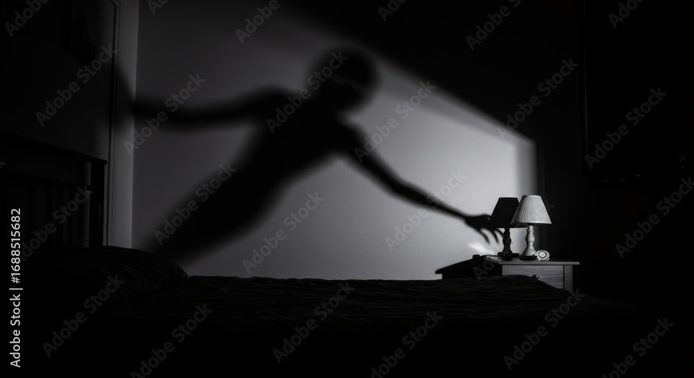 Obraz premium Shadow person appears on a wall, reaching towards a nightstand lamp. Concept of nightmare and fear, horror dream with dark bedroom.