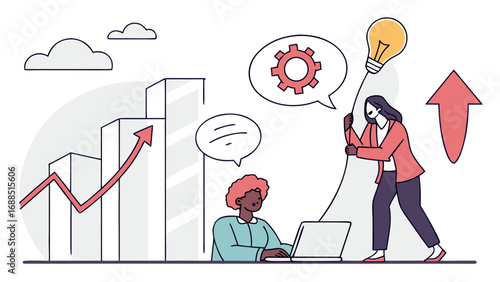 Two individuals engage in a creative brainstorming session. One person is seated at a laptop, while the other lifts a large light bulb, symbolizing fresh ideas.AI generated.