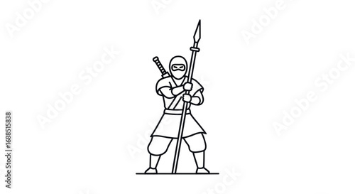 Line art illustration of a masked Japanese ninja warrior holding a spear with swords on his back.
