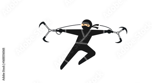 Cartoon Ninja Warrior in Black Suit Wielding Kusarigama Weapons.