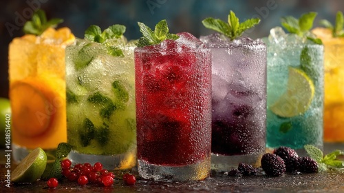 Refreshing colorful cocktails or mocktails with vibrant fruits and mint leaves