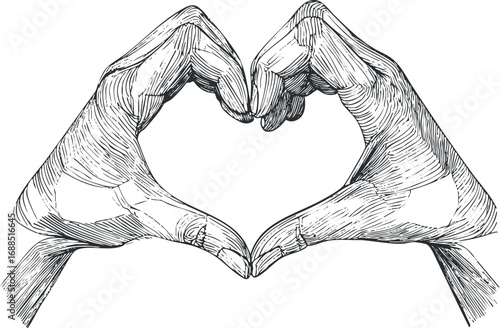 Hand drawn sketch of two hands forming a heart shape symbolizing love and affection