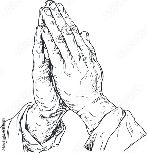 Detailed black and white sketch of two hands joined together in a praying gesture symbolizing faith and devotion