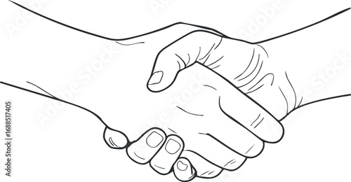 Black and white line drawing of two hands shaking symbolizing agreement, partnership, and cooperation.
