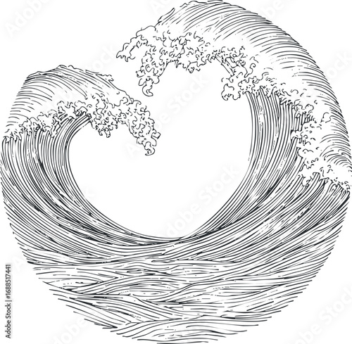Black and white line art illustration of two ocean waves curling together forming a circular shape with foam and ripples.