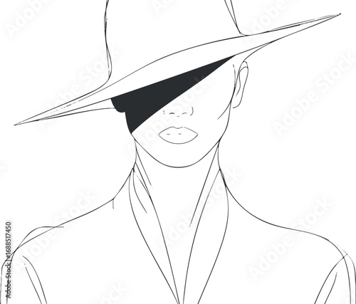 Minimalist line art portrait of a woman wearing a wide-brimmed hat, showcasing fashion and elegance.