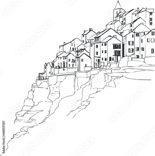 Black and white line drawing of a village built on a steep cliff with clustered houses and a church tower