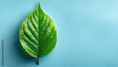 Vibrant green leaf on a light blue background
