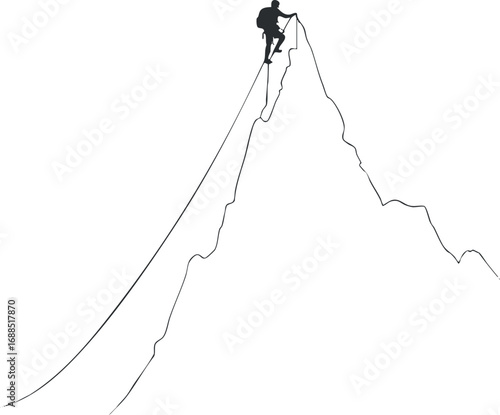 Silhouette of a mountain climber rappelling down the steep peak with rope and harness