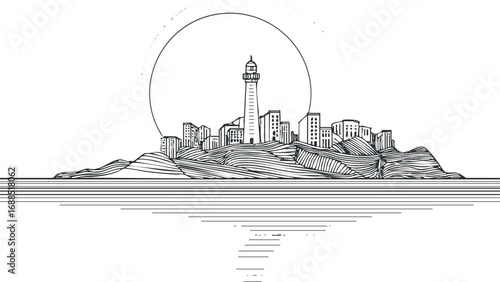 Black and white line art sketch of a coastal city with a lighthouse on an island under the sun.