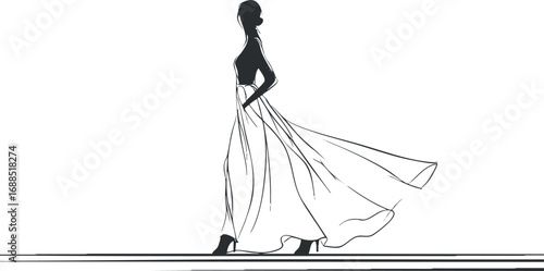 Silhouette of a woman walking on runway in elegant long dress and high heels fashion illustration