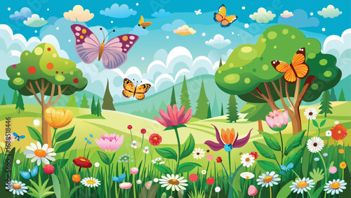 A vibrant spring meadow teeming with colorful flowers and graceful butterflies