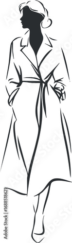 Elegant woman in a long trench coat walking confidently with hands in pockets silhouette sketch