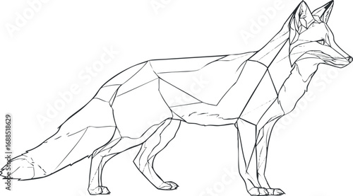 Black and white line art illustration of a fox in profile standing position with geometric style.