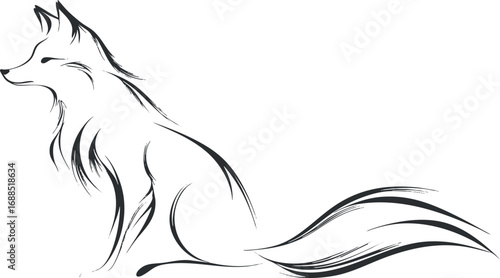 Minimalist black and white sketch of a fox sitting in profile with a long bushy tail