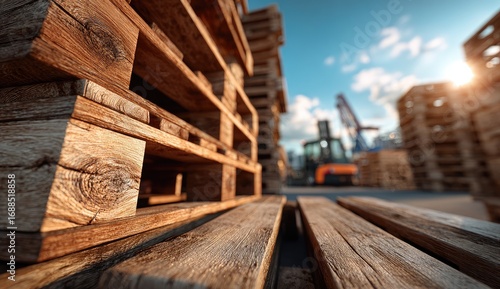 Wooden pallets stacked high, forklift in background. Sunlight