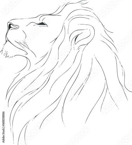 Black and white line art drawing of a lion profile with flowing mane representing strength and majesty.