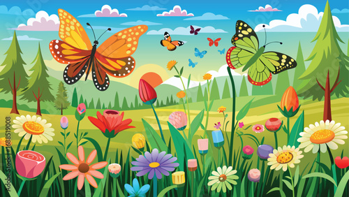 Colorful butterflies and flowers decorate a meadow under the summer sun, a beautiful nature illustration