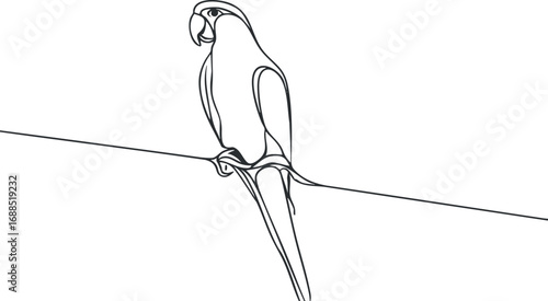 Minimalist line art illustration of a parrot perched on a wire in black and white