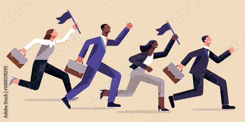 Diverse group of business professionals running forward with briefcases and flags symbolizing progress and competition