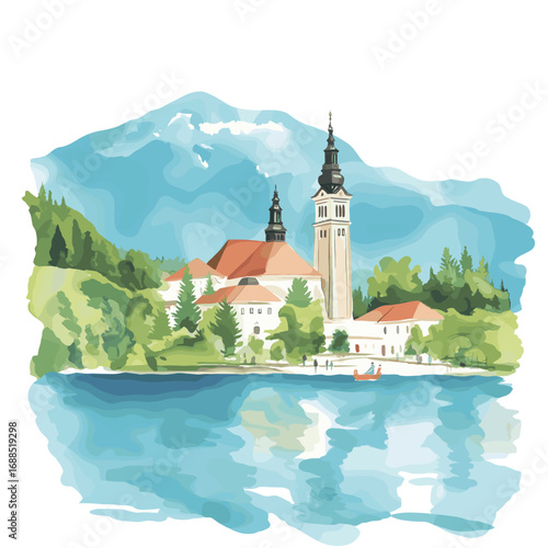 Lake Bled. Lake Bled watercolor vector illustration