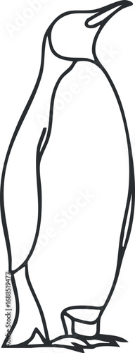 Black and white outline sketch of a standing penguin bird with detailed beak and flippers