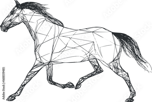 Black and white line art illustration of a running horse with detailed mane and tail