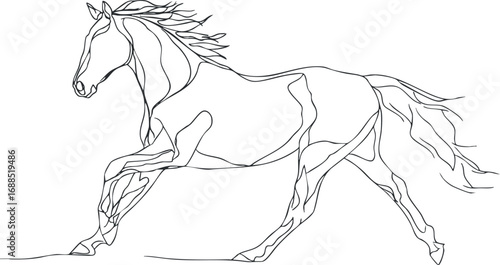Minimalist line art drawing of a running horse with flowing mane and tail in black and white