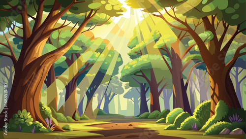 Vector landscape illustration of a tropical forest with trees, a lake, and a clear sky on a beautiful summer day
