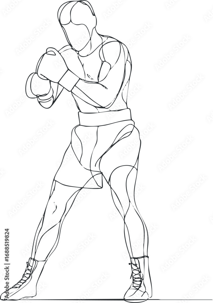 Fototapeta premium Line art sketch of a male boxer in boxing stance wearing gloves and shorts preparing to fight