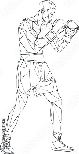 Geometric line art of a male boxer in fighting stance wearing gloves and boxing shorts