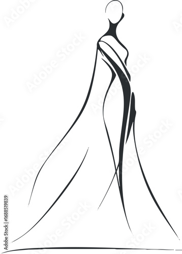 Minimalist black and white silhouette illustration of an elegant woman in a flowing gown.