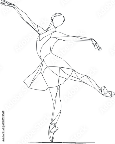 Abstract line art of a graceful female ballet dancer in a dynamic pose on pointe shoes