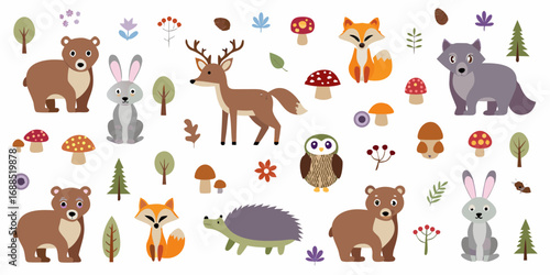Collection of cute cartoon forest animals and woodland elements with trees mushrooms and leaves