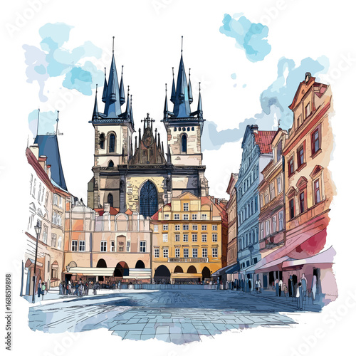 Old Town Square in Prague. Old Town Square in Prague watercolor vector illustration