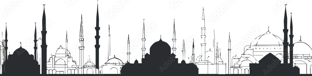 Fototapeta premium Black and white silhouette of an Islamic city skyline featuring mosques with domes and tall minarets