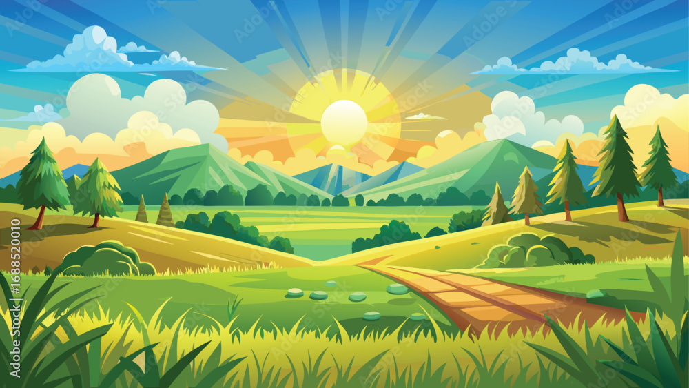 Fototapeta premium Sun shines over a vibrant green summer landscape with rolling hills and a wide-open sky