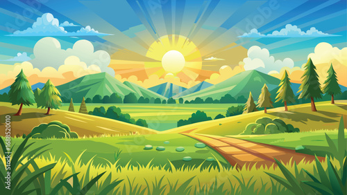 Sun shines over a vibrant green summer landscape with rolling hills and a wide-open sky