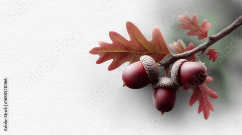 Close-up of oak acorns and vibrant fall leaves against a soft background ideal for nature themes and seasonal designs