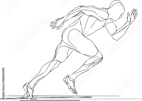 Line art illustration of a runner in starting sprint position showing dynamic motion and athletic performance.