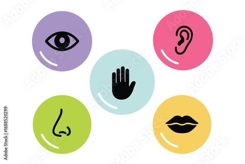 Human senses icon set. Vision eye, smell nose, hearing ear, touch hand, taste mouth with tongue. Simple line icons and black circle. Five senses of human nervous system