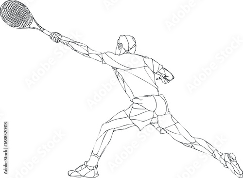 Line art illustration of a tennis player stretching to hit the ball with a racket in an athletic pose