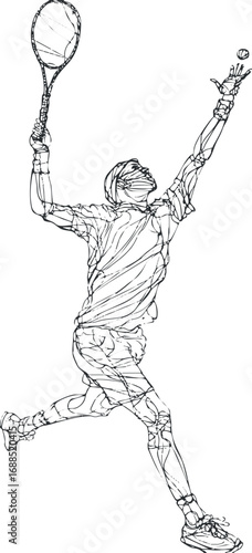 Black and white line drawing of a tennis player serving the ball during a match