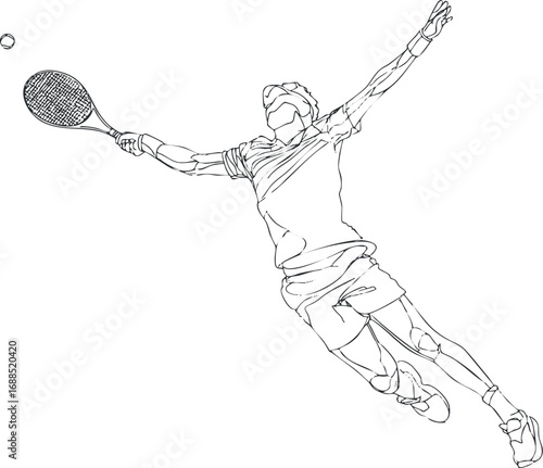 Line art of a tennis player jumping and reaching to hit the ball with a racket during a match