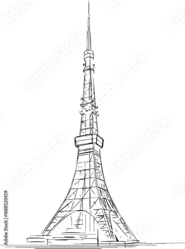 Hand drawn sketch of a tall communication tower with antenna and observation platform on white background