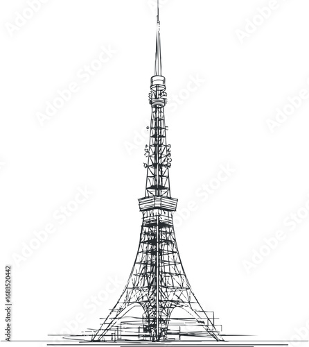 Detailed black and white line drawing of a tall communication tower with lattice structure and antenna