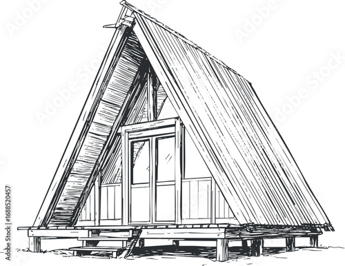 Black and white sketch of a small wooden A-frame cabin with a triangular roof and front porch