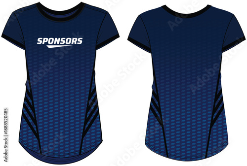 Women Sport Jersey t-shirt design flat sketch Illustration, Halftone pattern Round neck t shirt for girl and Ladies Volleyball jersey, Football, badminton, Soccer and netball, Sport uniform kit
