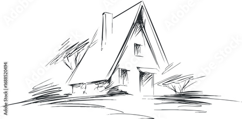 Black and white hand-drawn sketch of a small A-frame house with chimney and surrounding trees