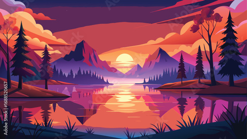 Mountain landscape with a vibrant sunrise and sunset painting the sky with stunning hues of red, orange, and purple